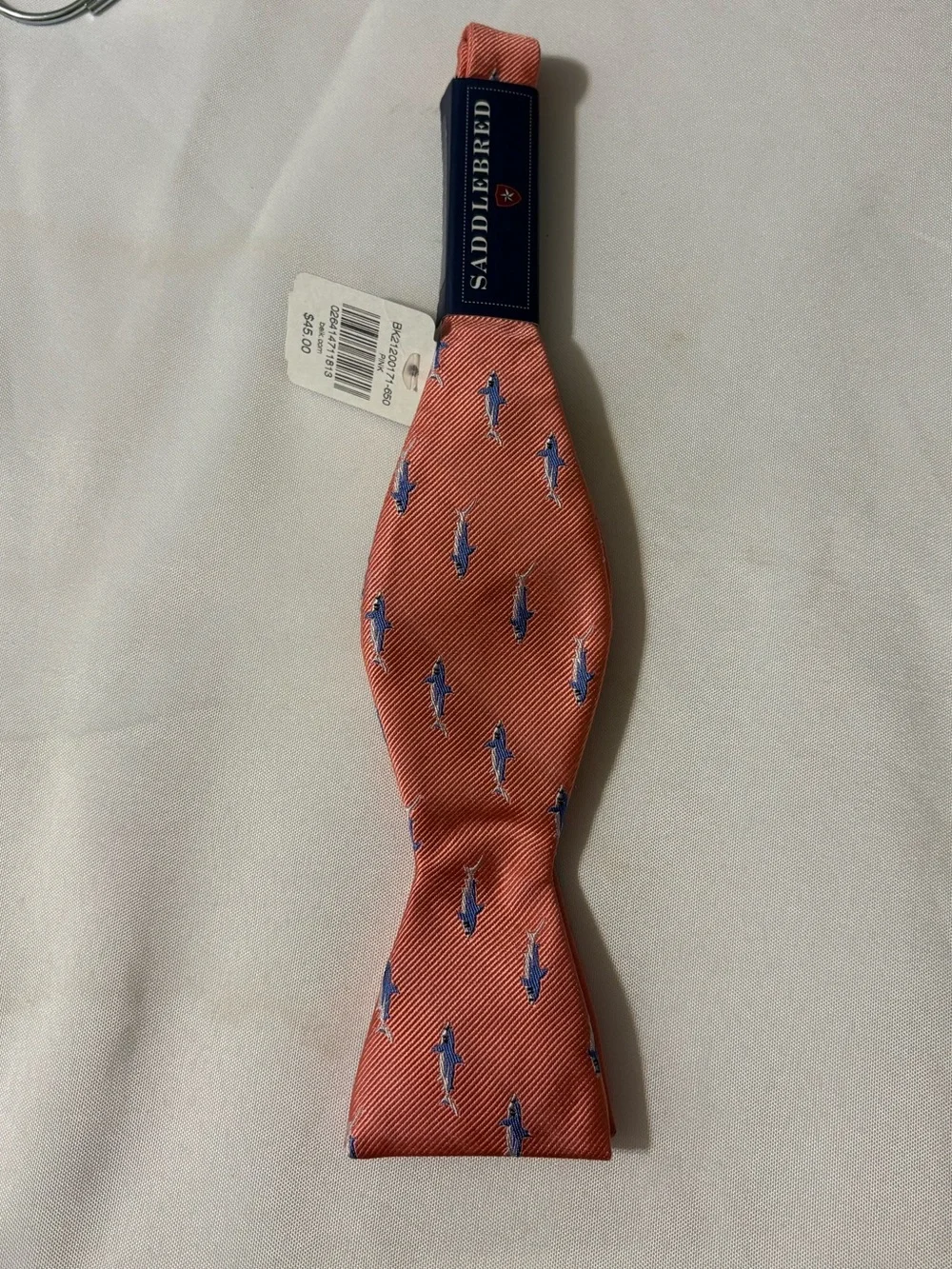 Saddlebred tie Coral‎ Bow Tie with blue shark pattern ocean summer theme NWT